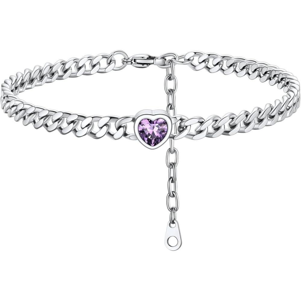 imageChainsHouse Cuban Chain Anklets for WomenStainless Steel Black 6mm Link Chain Ankle Bracelet with Heart Birthstone Jan Dec 12 Months 22cm27cm Adjustable with Gift Box02 FebAmethystSteel