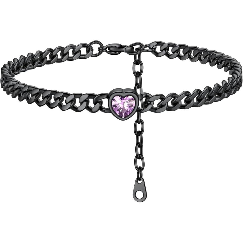 imageChainsHouse Cuban Chain Anklets for WomenStainless Steel Black 6mm Link Chain Ankle Bracelet with Heart Birthstone Jan Dec 12 Months 22cm27cm Adjustable with Gift Box06 JunAlexandriteBlack