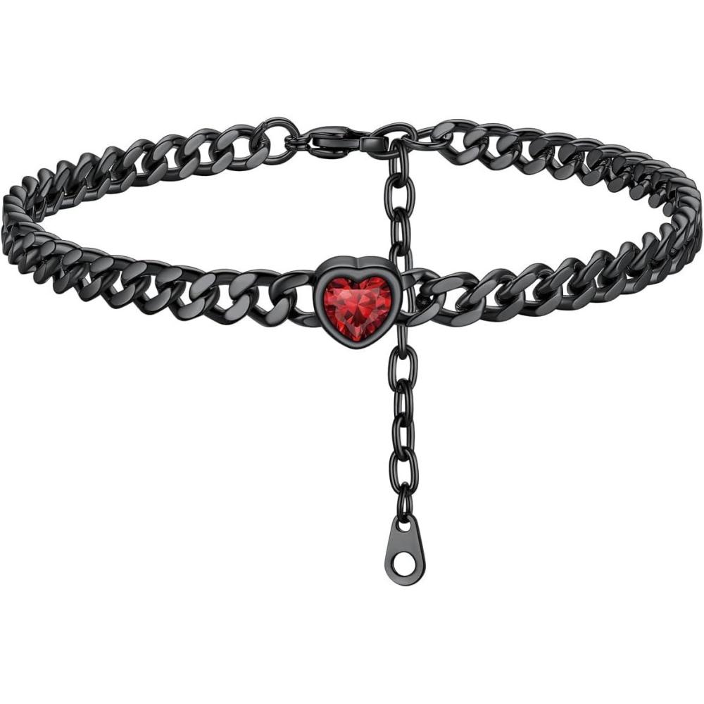 imageChainsHouse Cuban Chain Anklets for WomenStainless Steel Black 6mm Link Chain Ankle Bracelet with Heart Birthstone Jan  Dec 12 Months 22cm27cm Adjustable with Gift Box01 JanRed GarnetBlack