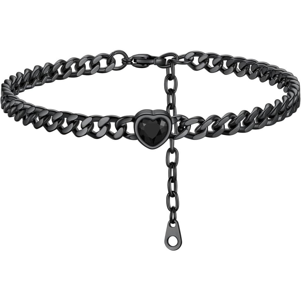 imageChainsHouse Cuban Chain Anklets for WomenStainless Steel Black 6mm Link Chain Ankle Bracelet with Heart Birthstone Jan Dec 12 Months 22cm27cm Adjustable with Gift Box13 Black StoneBlack