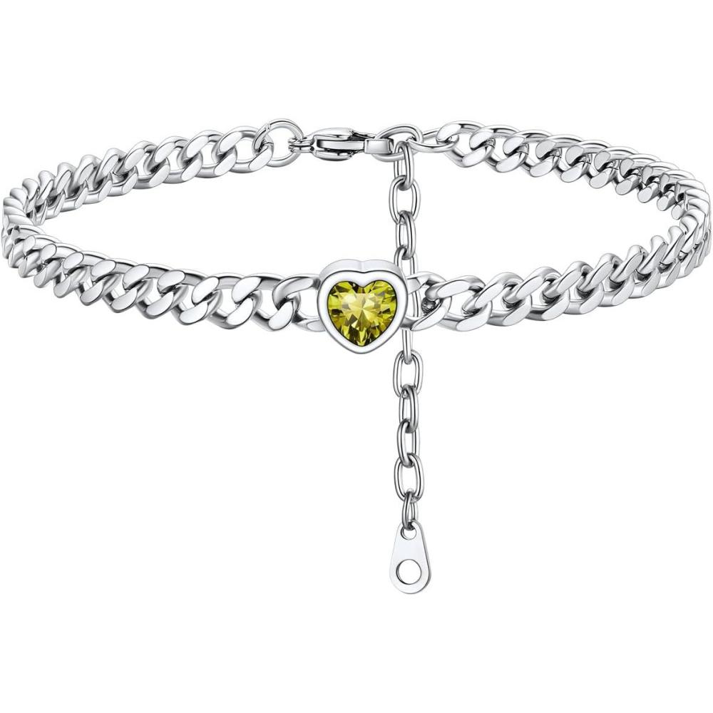 imageChainsHouse Cuban Chain Anklets for WomenStainless Steel Black 6mm Link Chain Ankle Bracelet with Heart Birthstone Jan  Dec 12 Months 22cm27cm Adjustable with Gift Box08 AugPeridotSteel