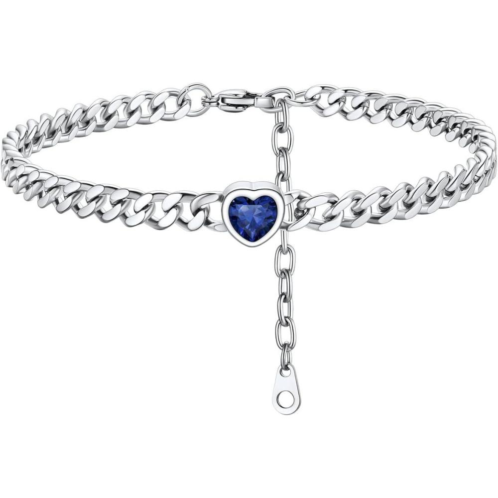 imageChainsHouse Cuban Chain Anklets for WomenStainless Steel Black 6mm Link Chain Ankle Bracelet with Heart Birthstone Jan Dec 12 Months 22cm27cm Adjustable with Gift Box09 SepSapphireSteel