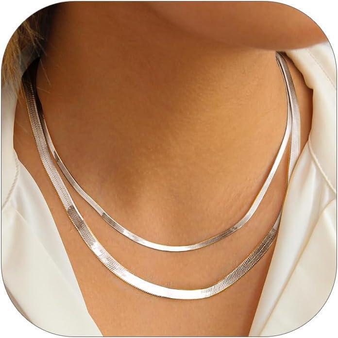 imageChainsHouse Flat Snake Chain Herringbone Choker Necklace for Women Stainless SteelRose Gold18K Gold Plated Dainty Adjustable Simple Short Layered Necklaces 12quot15quot18quot with 35quot Extenderb layered3mm5mmsilver