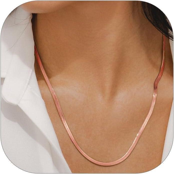 imageChainsHouse Flat Snake Chain Herringbone Choker Necklace for Women Stainless SteelRose Gold18K Gold Plated Dainty Adjustable Simple Short Layered Necklaces 12quot15quot18quot with 35quot Extendera rose gold5mm