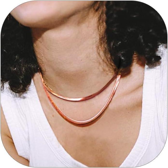 imageChainsHouse Flat Snake Chain Herringbone Choker Necklace for Women Stainless SteelRose Gold18K Gold Plated Dainty Adjustable Simple Short Layered Necklaces 12quot15quot18quot with 35quot Extenderb layered3mm5mmrose gold