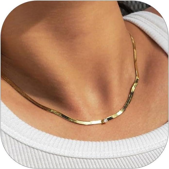 imageChainsHouse Flat Snake Chain Herringbone Choker Necklace for Women Stainless SteelRose Gold18K Gold Plated Dainty Adjustable Simple Short Layered Necklaces 12quot15quot18quot with 35quot Extendera 14k gold plated3mm