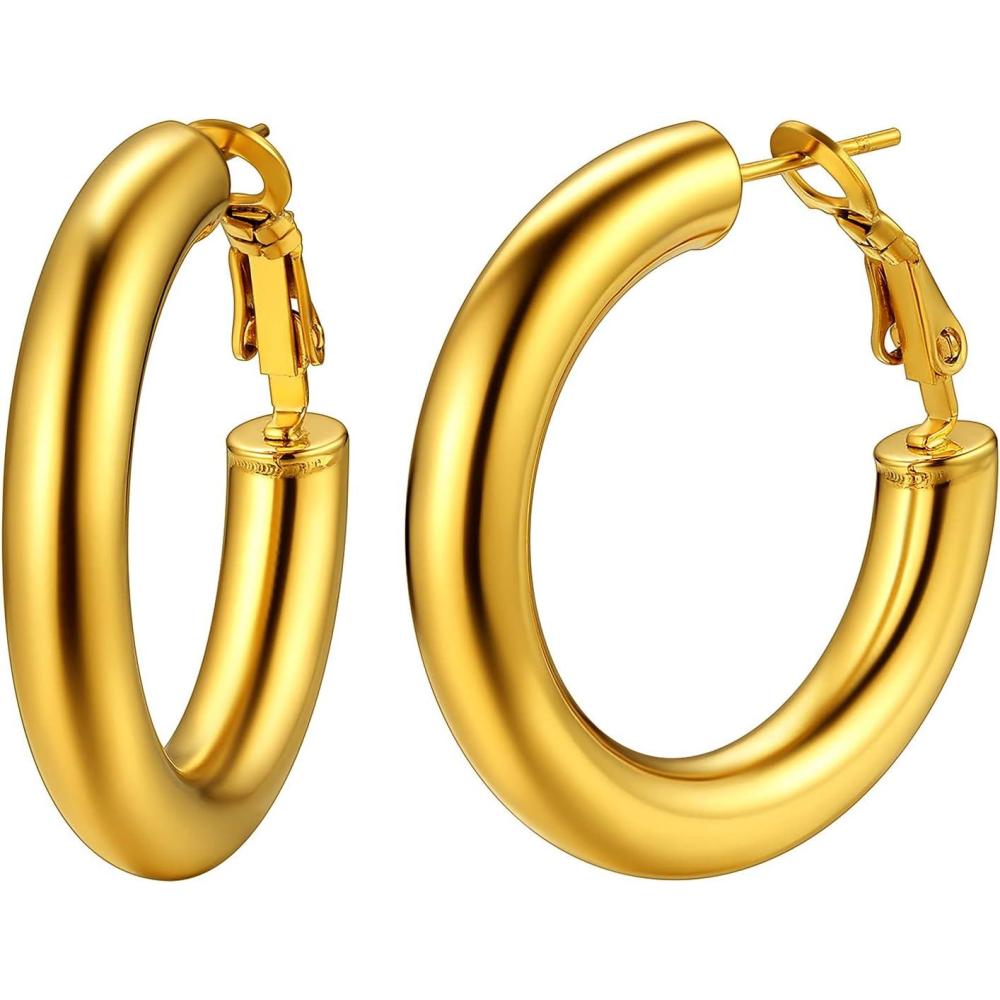 imageChainsHouse Hypoallergenic Hoop Earrings For Women 316L Stainless SteelBlack18K Real Gold Plated Minimalist Jewelry Round Tube Hoops Fits Sensitive Ears 30mm 40mm 60mm 80mm with Gift BoxM goldround tube