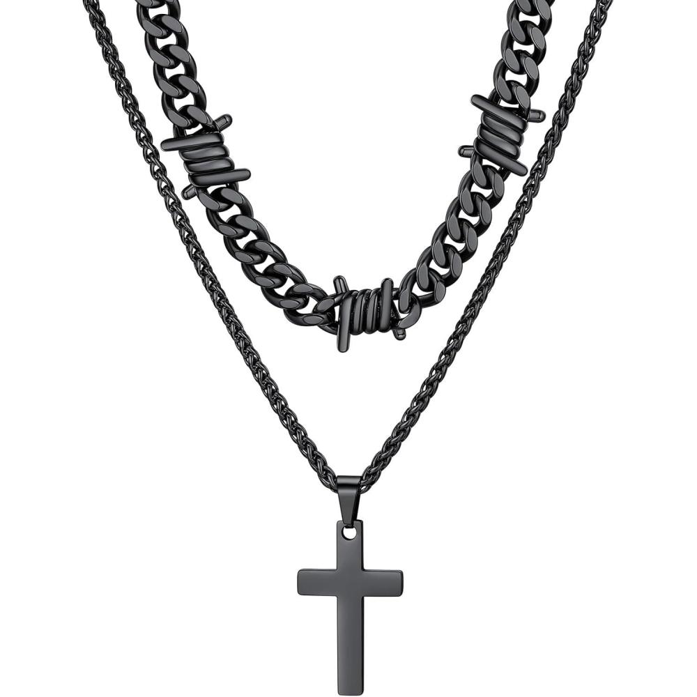 imageChainsHouse Layered Cross Necklace for Men Stainless SteelBlackGold Plated CubanBarbed Wire Necklace with CrossCrucifix Pendant Religious Jewelry Gift Set for Dad Husband08 BlackLayered WireCross Pendant