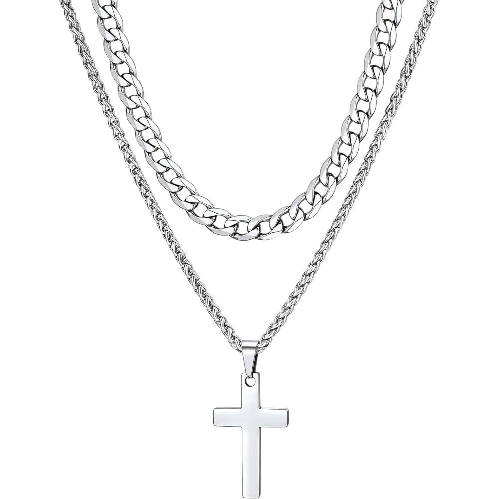 imageChainsHouse Layered Cross Necklace for Men Stainless SteelBlackGold Plated CubanBarbed Wire Necklace with CrossCrucifix Pendant Religious Jewelry Gift Set for Dad Husband01 SteelLayered CubanCross Pendant