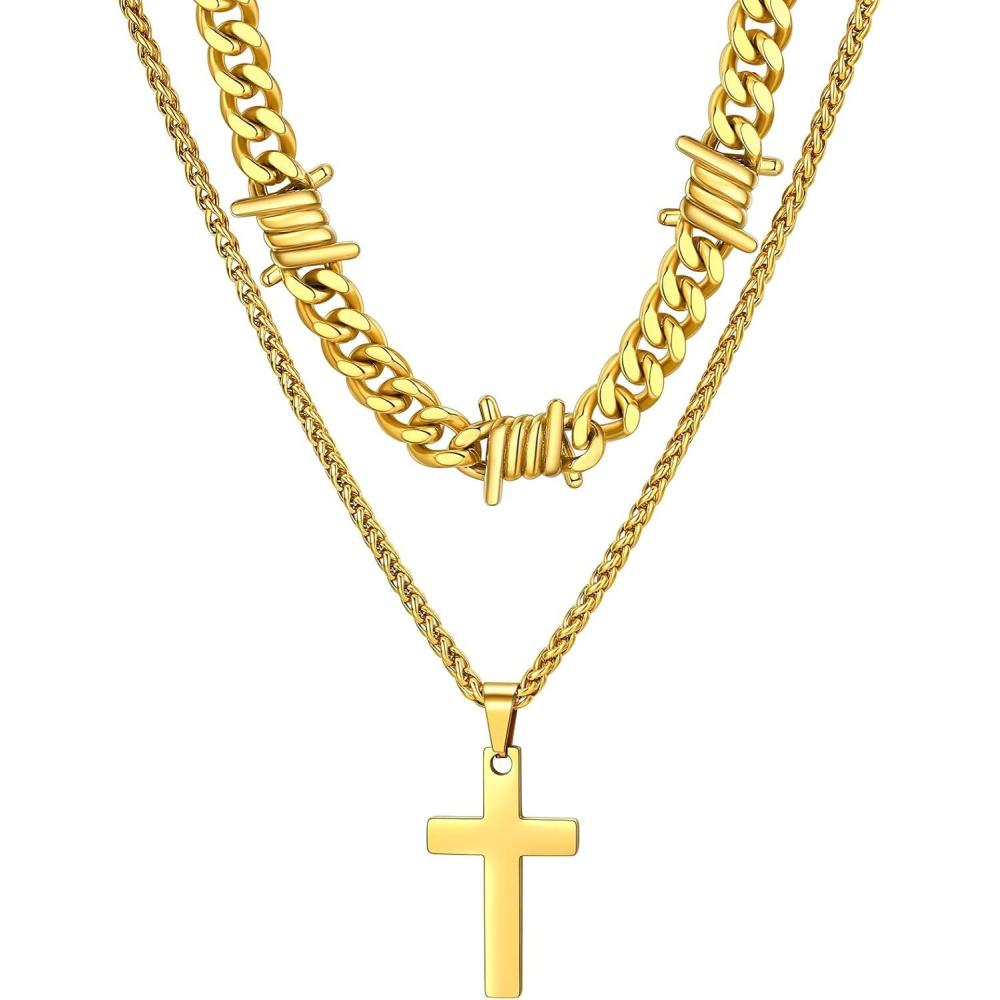imageChainsHouse Layered Cross Necklace for Men Stainless SteelBlackGold Plated CubanBarbed Wire Necklace with CrossCrucifix Pendant Religious Jewelry Gift Set for Dad Husband09 Gold PlatedLayered WireCross Pendant