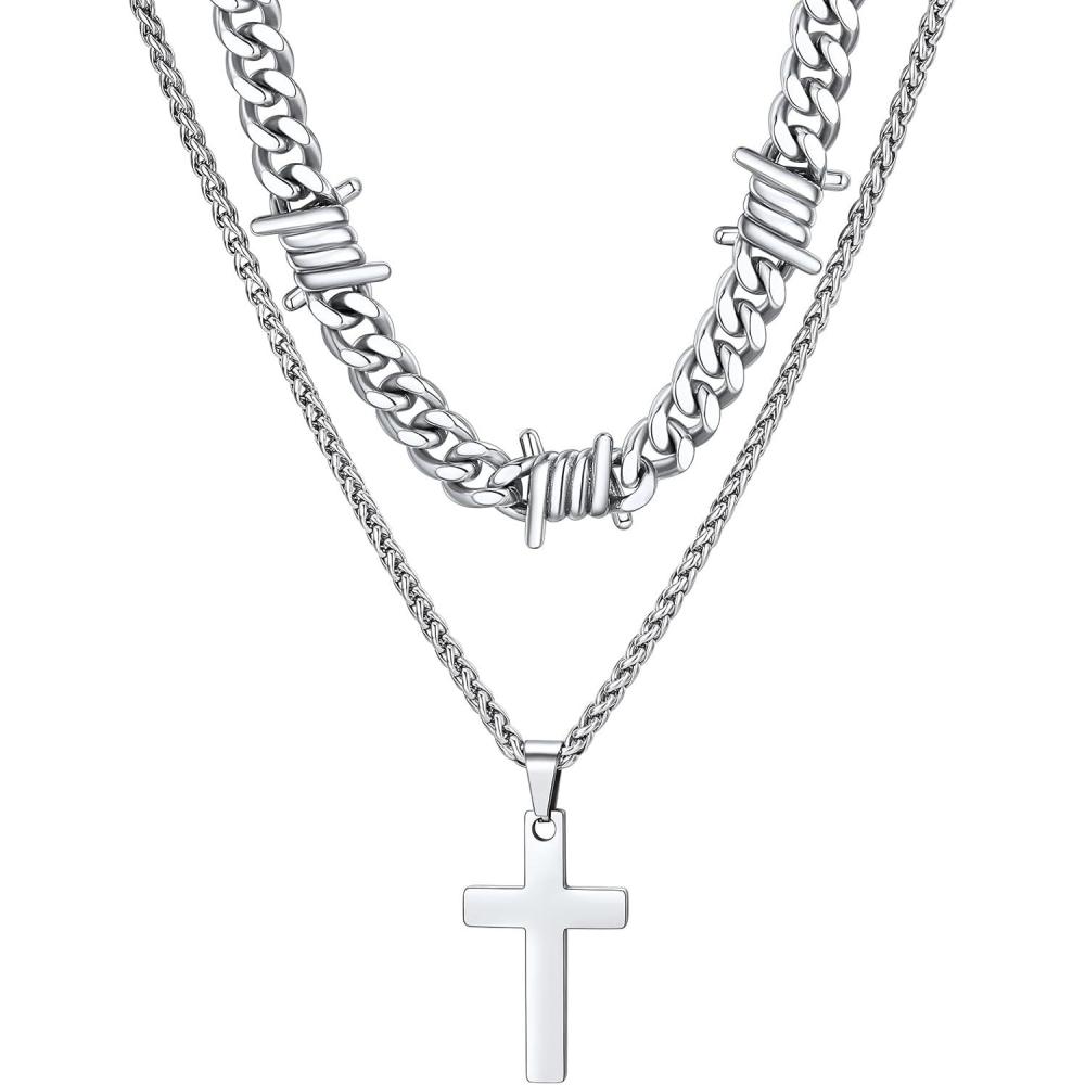 imageChainsHouse Layered Cross Necklace for Men Stainless SteelBlackGold Plated CubanBarbed Wire Necklace with CrossCrucifix Pendant Religious Jewelry Gift Set for Dad Husband07 SteelLayered WireCross Pendant