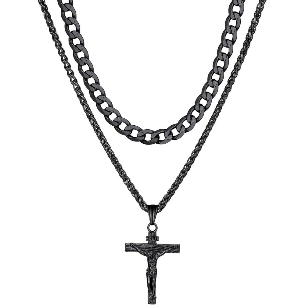 imageChainsHouse Layered Cross Necklace for Men Stainless SteelBlackGold Plated CubanBarbed Wire Necklace with CrossCrucifix Pendant Religious Jewelry Gift Set for Dad Husband05 BlackLayered CubanJesus Pendant