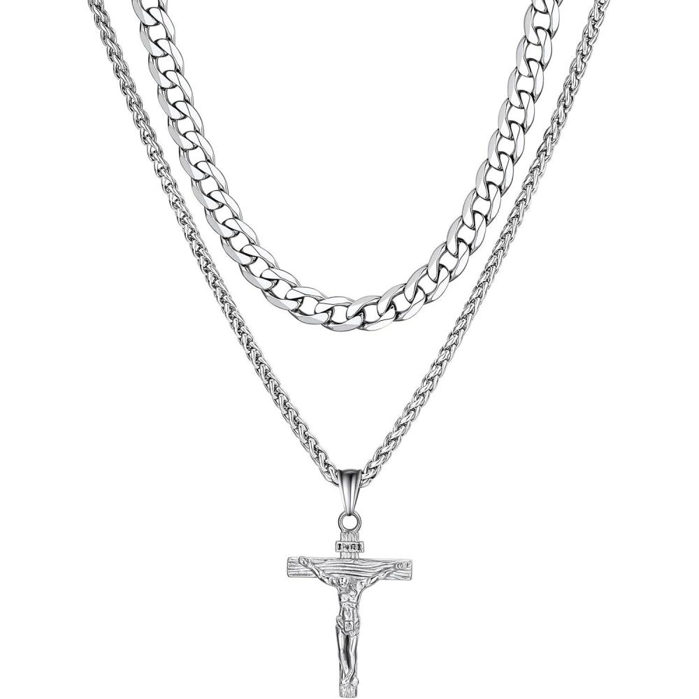 imageChainsHouse Layered Cross Necklace for Men Stainless SteelBlackGold Plated CubanBarbed Wire Necklace with CrossCrucifix Pendant Religious Jewelry Gift Set for Dad Husband04 SteelLayered CubanJesus Pendant