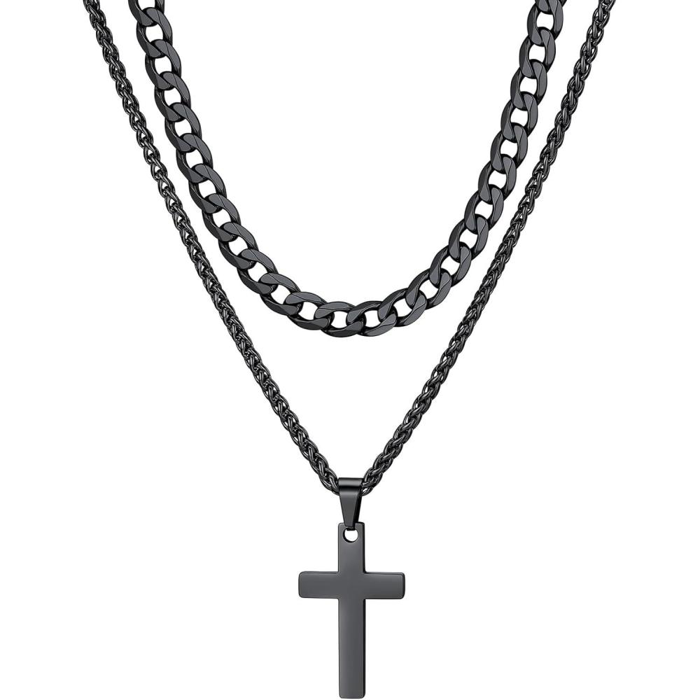imageChainsHouse Layered Cross Necklace for Men Stainless SteelBlackGold Plated CubanBarbed Wire Necklace with CrossCrucifix Pendant Religious Jewelry Gift Set for Dad Husband02 BlackLayered CubanCross Pendant