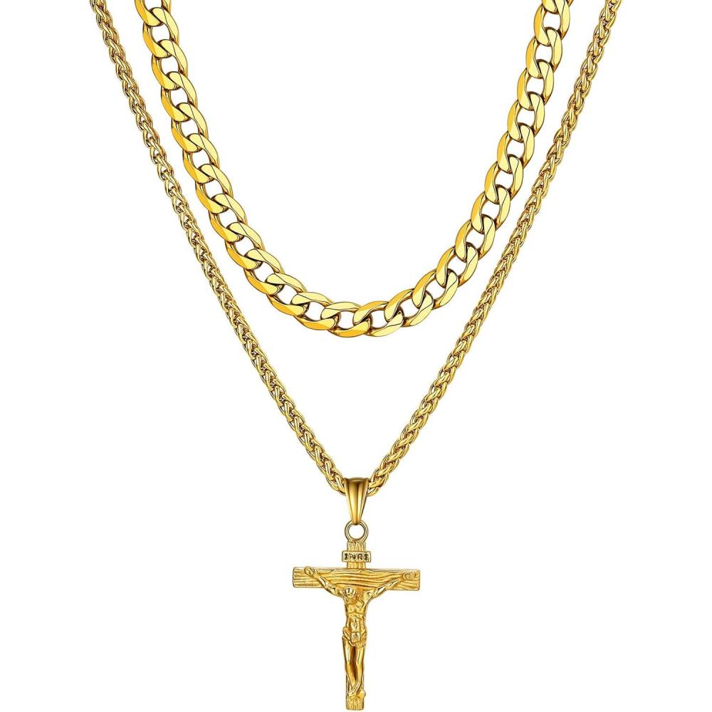 imageChainsHouse Layered Cross Necklace for Men Stainless SteelBlackGold Plated CubanBarbed Wire Necklace with CrossCrucifix Pendant Religious Jewelry Gift Set for Dad Husband06 Gold PlatedLayered CubanJesus Pendant