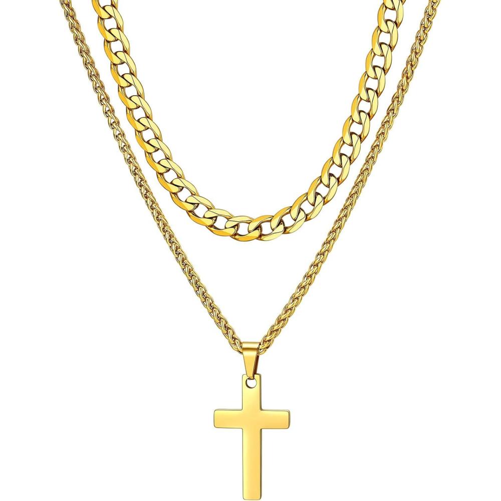 imageChainsHouse Layered Cross Necklace for Men Stainless SteelBlackGold Plated CubanBarbed Wire Necklace with CrossCrucifix Pendant Religious Jewelry Gift Set for Dad Husband03 Gold PlatedLayered CubanCross Pendant