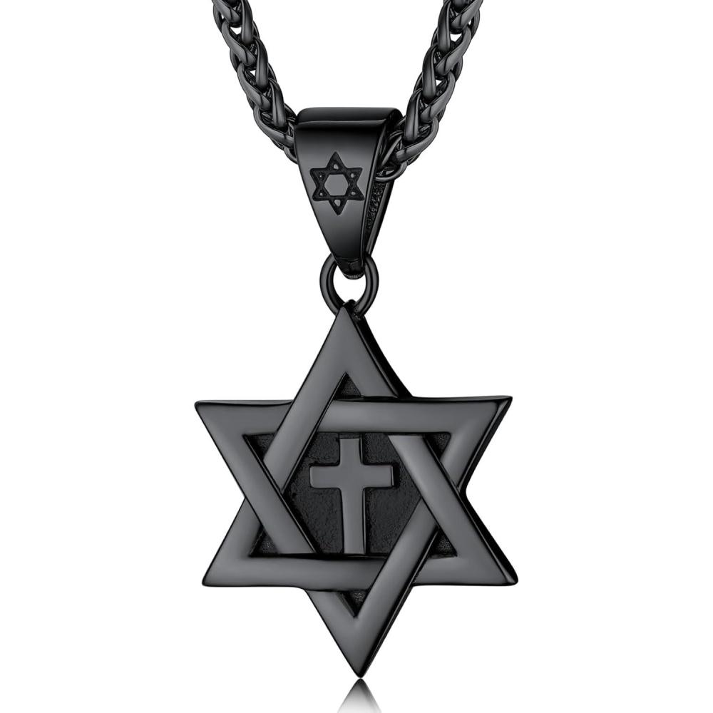 imageChainsHouse Magen Star of David Necklace for Men Women Stainless Steel18K Gold Plated HexagramDog Tag Pendant Jewish Israel Jewelry02BlackCross Star