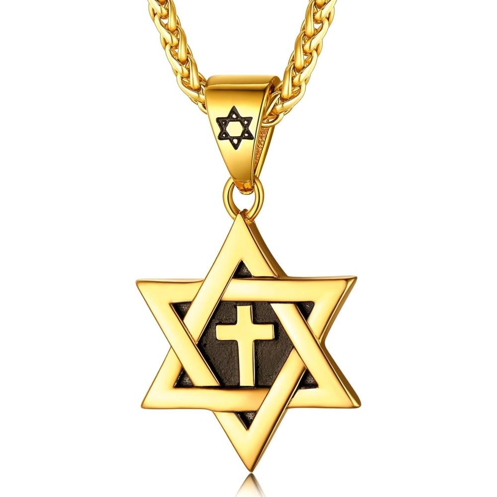 imageChainsHouse Magen Star of David Necklace for Men Women Stainless Steel18K Gold Plated HexagramDog Tag Pendant Jewish Israel Jewelry02GoldCross Star