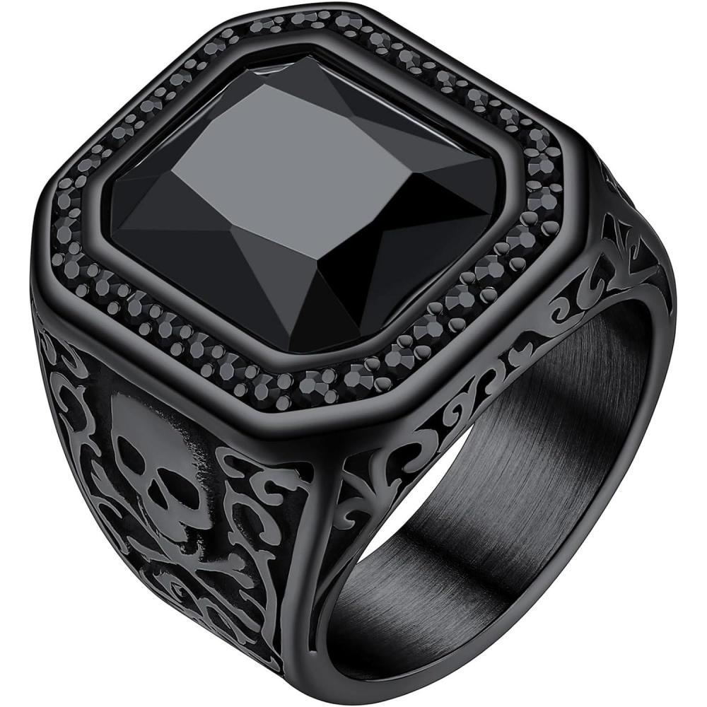 imageChainsHouse Mens Black Onyx Rings Retro X Bone Skull Stainless Steel Signet Rings for Men Black Onyx Agate Gemstone Rings Jewelry Offer Custom Service Size 714A Skull SquareBlack
