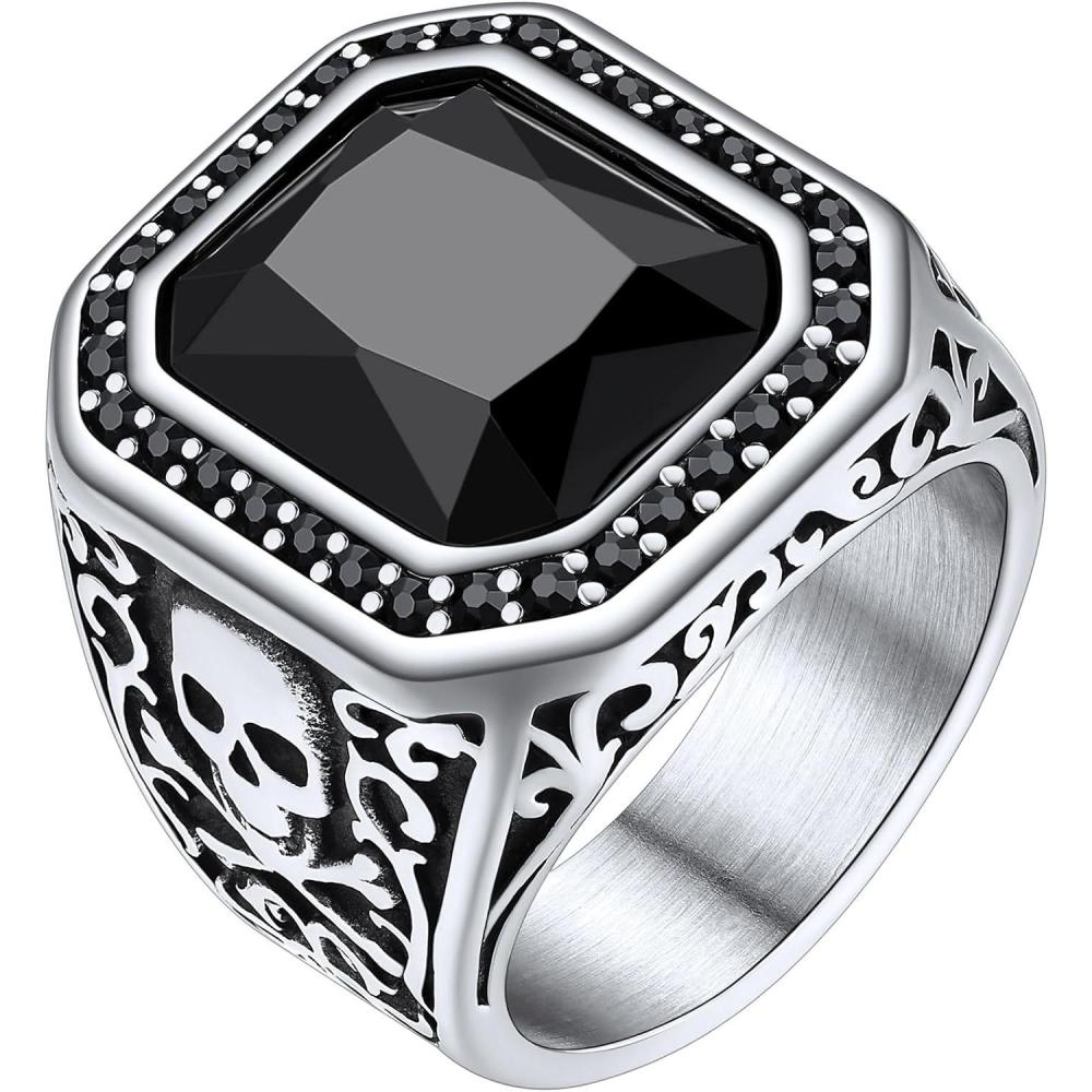 imageChainsHouse Mens Black Onyx Rings Retro X Bone Skull Stainless Steel Signet Rings for Men Black Onyx Agate Gemstone Rings Jewelry Offer Custom Service Size 714B Skull SquareSteel