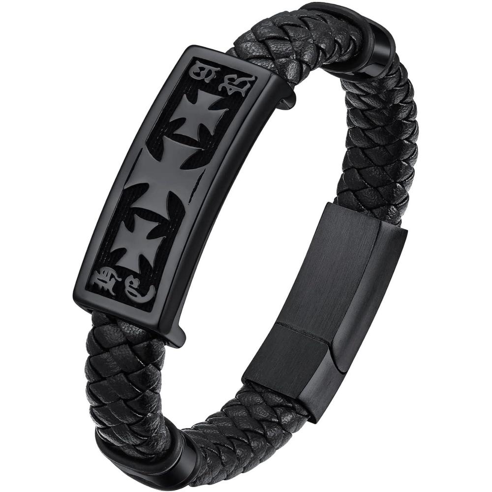 imageChainsHouse Mens Wrap Braided Leather Black Bead Bracelets Bangles Vintage Star of DavidWing SkullTemplar Cross Genuine Leather Bracelet Customize Available Size 758390 Inch Send Gift BoxA Templar CrossBlack