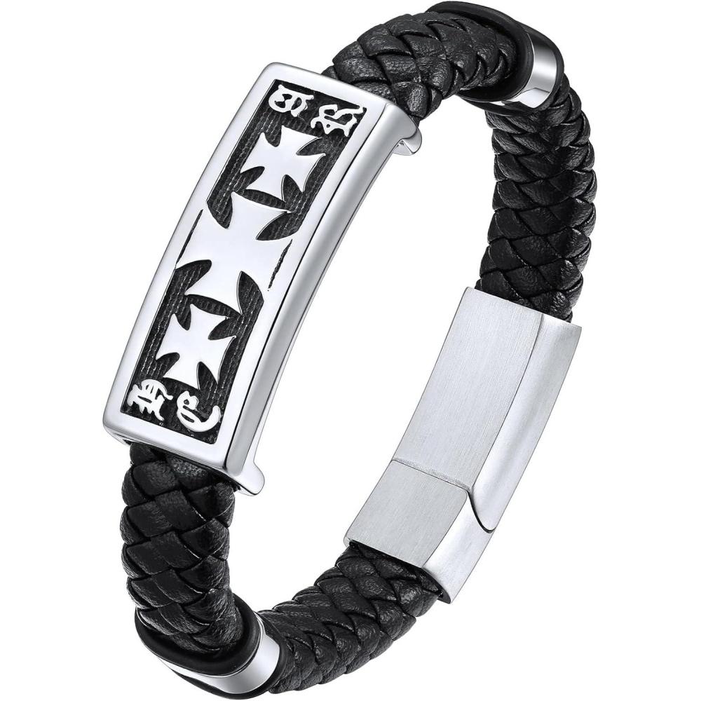 imageChainsHouse Mens Wrap Braided Leather Black Bead Bracelets Bangles Vintage Star of DavidWing SkullTemplar Cross Genuine Leather Bracelet Customize Available Size 758390 Inch Send Gift BoxA Templar CrossSteel