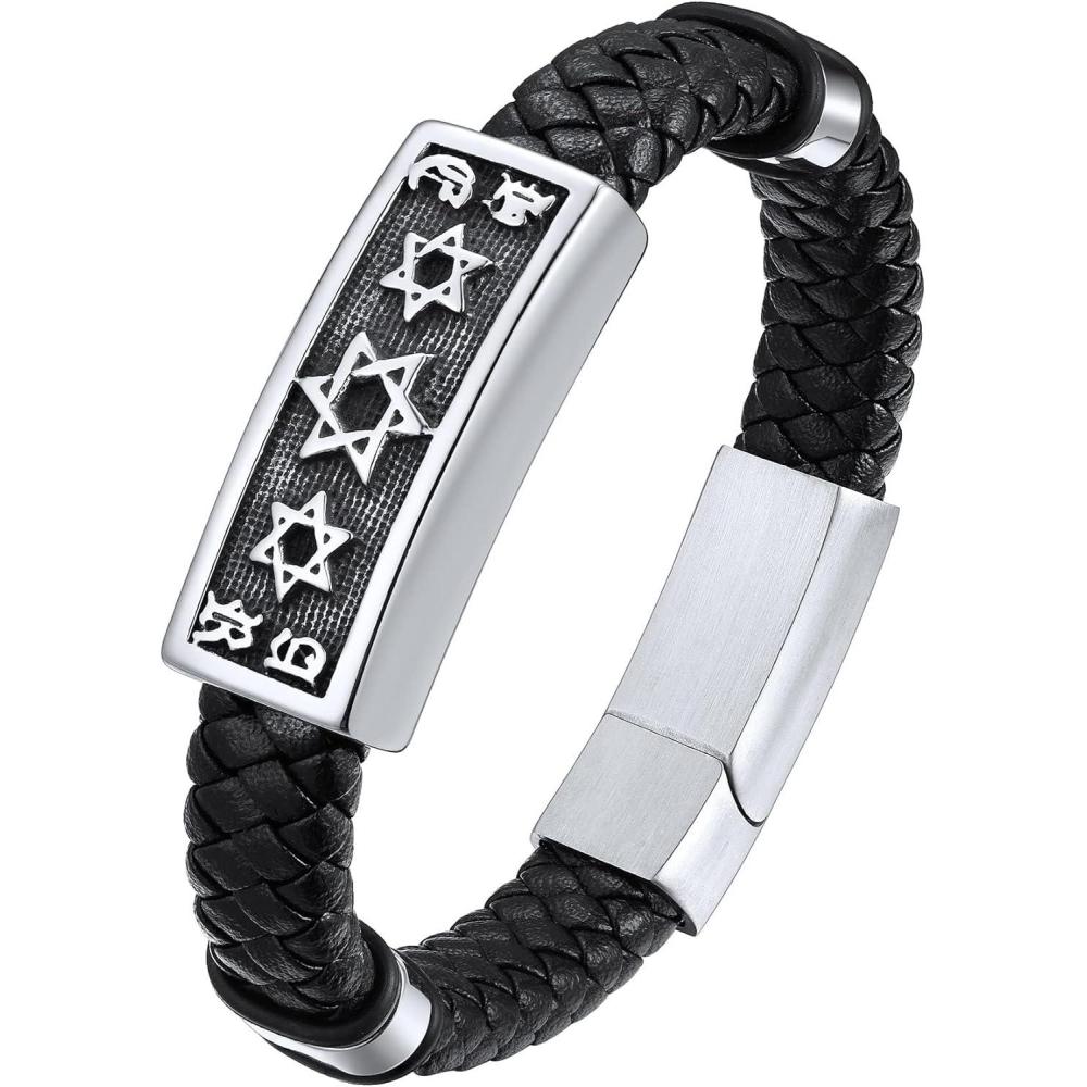 imageChainsHouse Mens Wrap Braided Leather Black Bead Bracelets Bangles Vintage Star of DavidWing SkullTemplar Cross Genuine Leather Bracelet Customize Available Size 758390 Inch Send Gift BoxA Star of DavidSteel