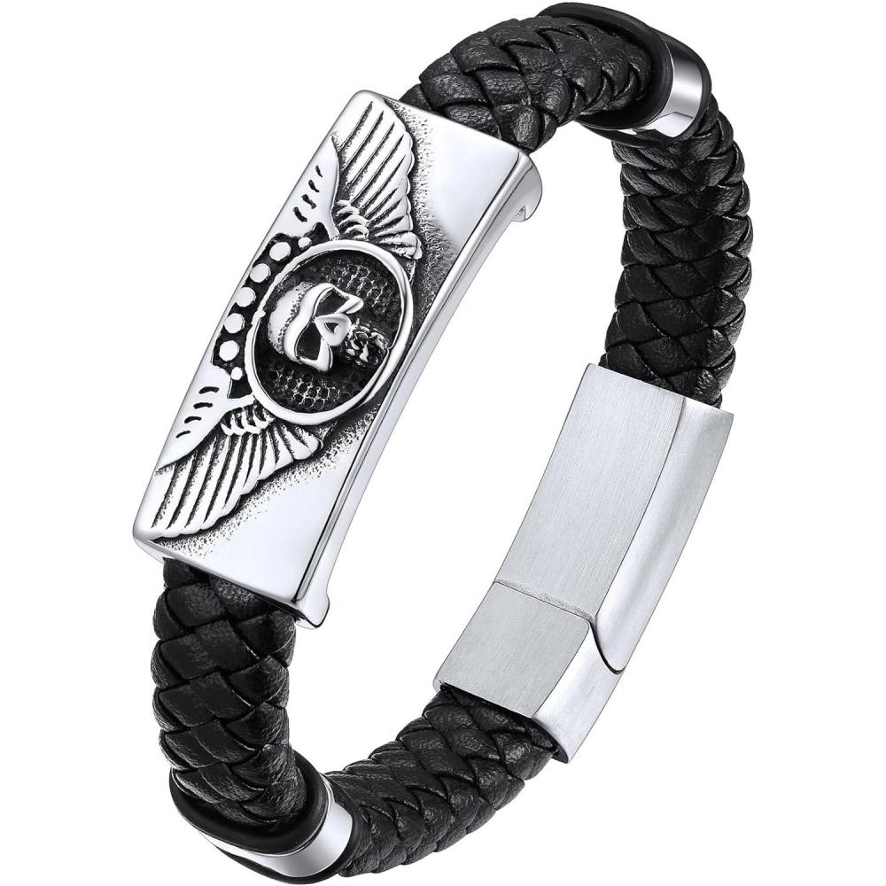 imageChainsHouse Mens Wrap Braided Leather Black Bead Bracelets Bangles Vintage Star of DavidWing SkullTemplar Cross Genuine Leather Bracelet Customize Available Size 758390 Inch Send Gift BoxA Wing SkullSteel