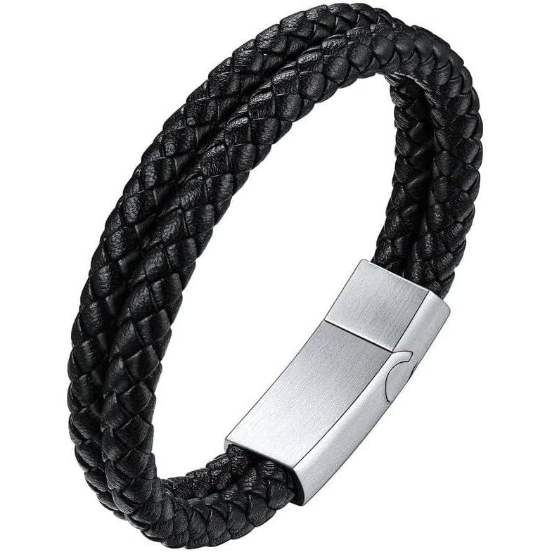 imageChainsHouse Mens Wrap Braided Leather Black Bead Bracelets Bangles Vintage Star of DavidWing SkullTemplar Cross Genuine Leather Bracelet Customize Available Size 758390 Inch Send Gift BoxA Double BraidedSteel Clasp