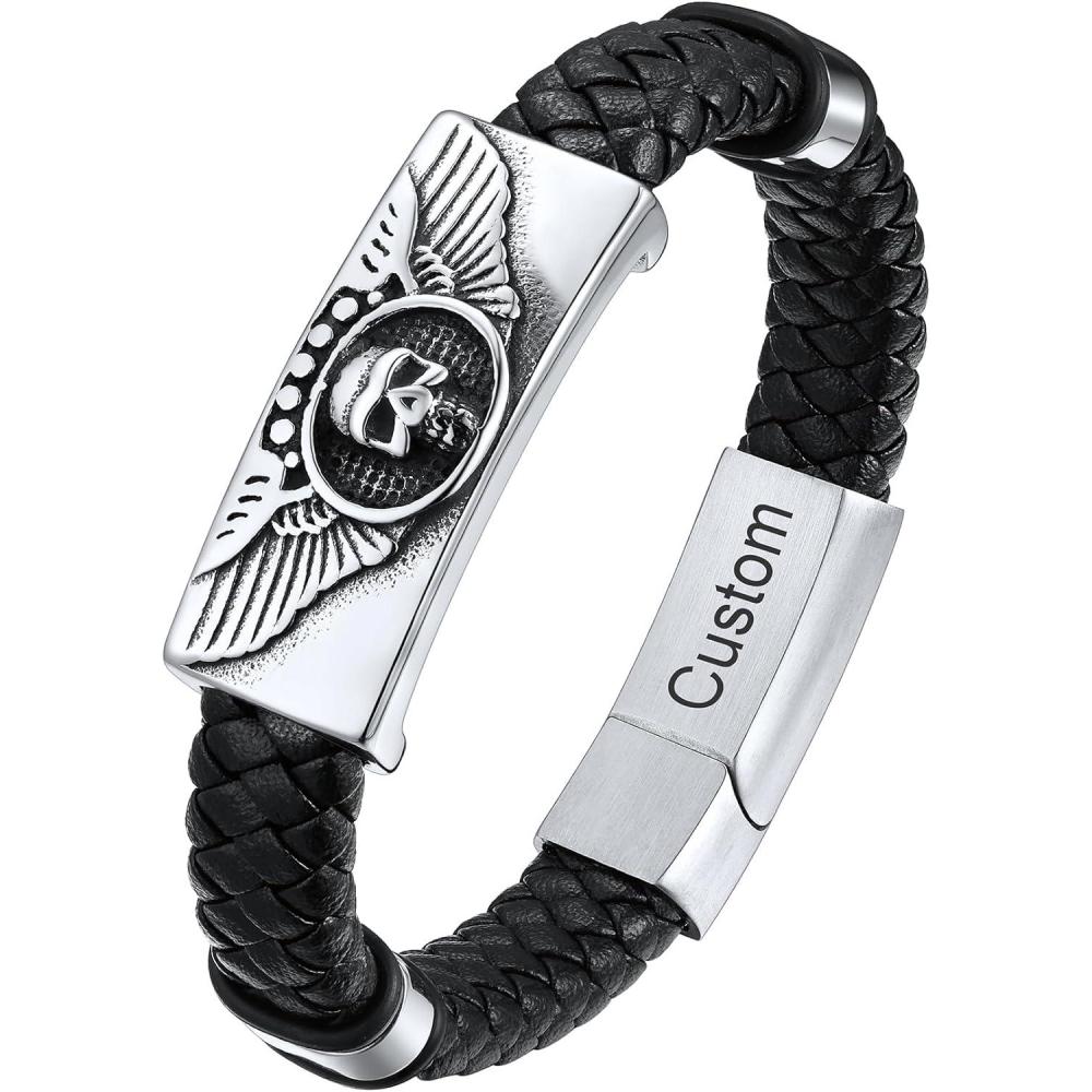 imageChainsHouse Mens Wrap Braided Leather Black Bead Bracelets Bangles Vintage Star of DavidWing SkullTemplar Cross Genuine Leather Bracelet Customize Available Size 758390 Inch Send Gift BoxB Wing SkullSteelCustom