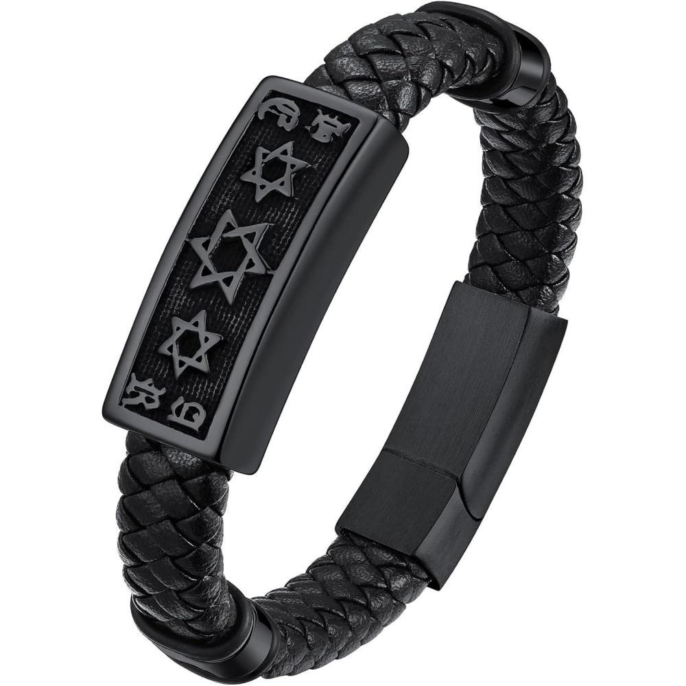 imageChainsHouse Mens Wrap Braided Leather Black Bead Bracelets Bangles Vintage Star of DavidWing SkullTemplar Cross Genuine Leather Bracelet Customize Available Size 758390 Inch Send Gift BoxA Star of DavidBlack
