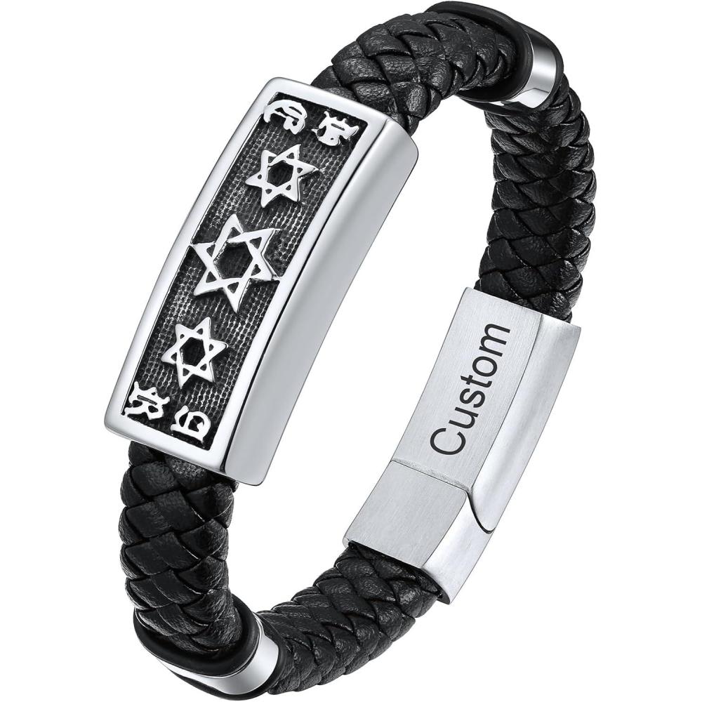 imageChainsHouse Mens Wrap Braided Leather Black Bead Bracelets Bangles Vintage Star of DavidWing SkullTemplar Cross Genuine Leather Bracelet Customize Available Size 758390 Inch Send Gift BoxB Star of DavidSteelCustom