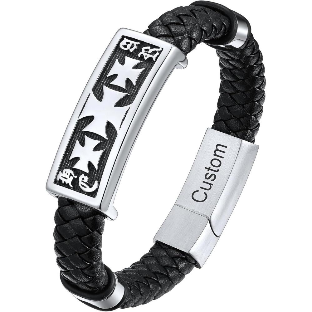 imageChainsHouse Mens Wrap Braided Leather Black Bead Bracelets Bangles Vintage Star of DavidWing SkullTemplar Cross Genuine Leather Bracelet Customize Available Size 758390 Inch Send Gift BoxB Templar CrossSteelCustom