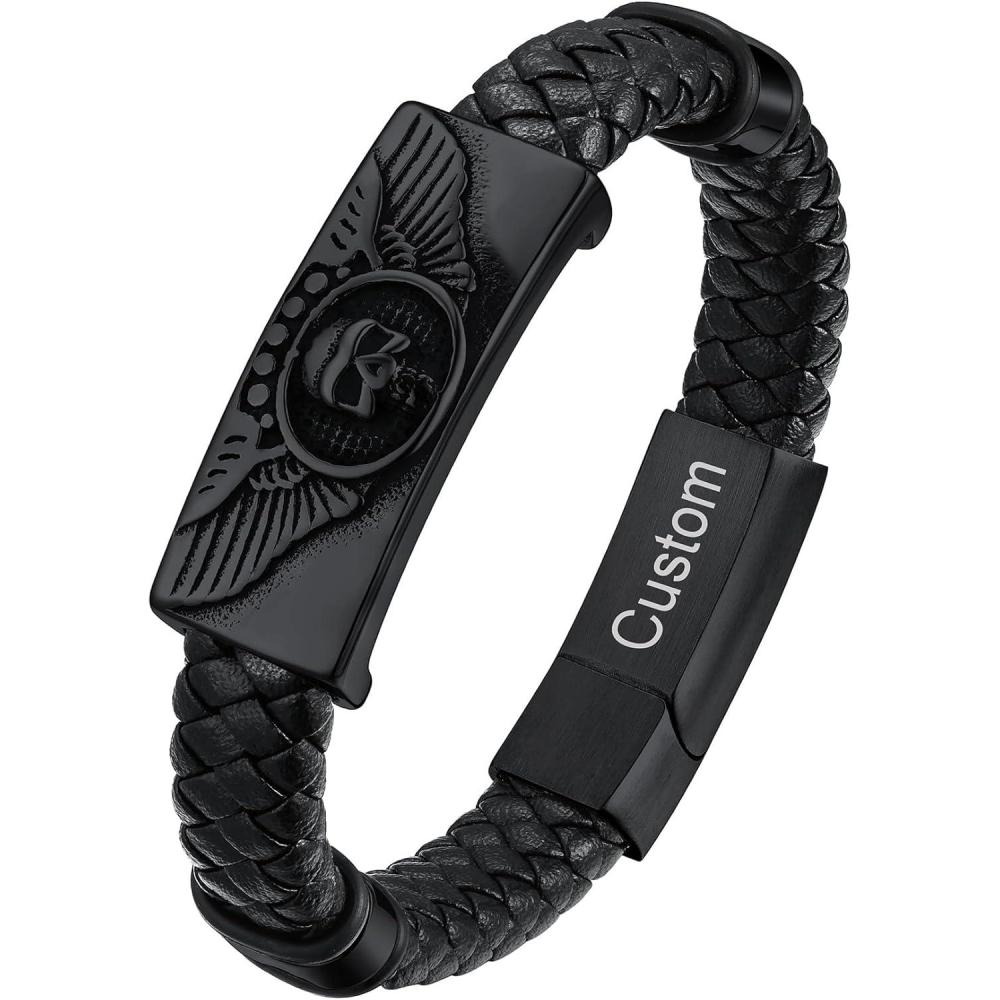 imageChainsHouse Mens Wrap Braided Leather Black Bead Bracelets Bangles Vintage Star of DavidWing SkullTemplar Cross Genuine Leather Bracelet Customize Available Size 758390 Inch Send Gift BoxB Wing SkullBlackCustom