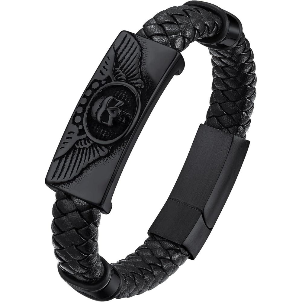 imageChainsHouse Mens Wrap Braided Leather Black Bead Bracelets Bangles Vintage Star of DavidWing SkullTemplar Cross Genuine Leather Bracelet Customize Available Size 758390 Inch Send Gift BoxA Wing SkullBlack