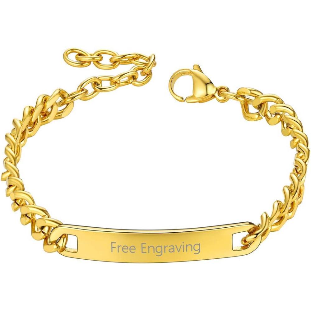 imageChainsHouse Personalized ID Bracelet for Men Women Stainless Steel Cuban Curb Link Chain Custom Engrave Bar Bracelet Bangle 7mm Width 1921CM Send Gift BoxC Gold7MM