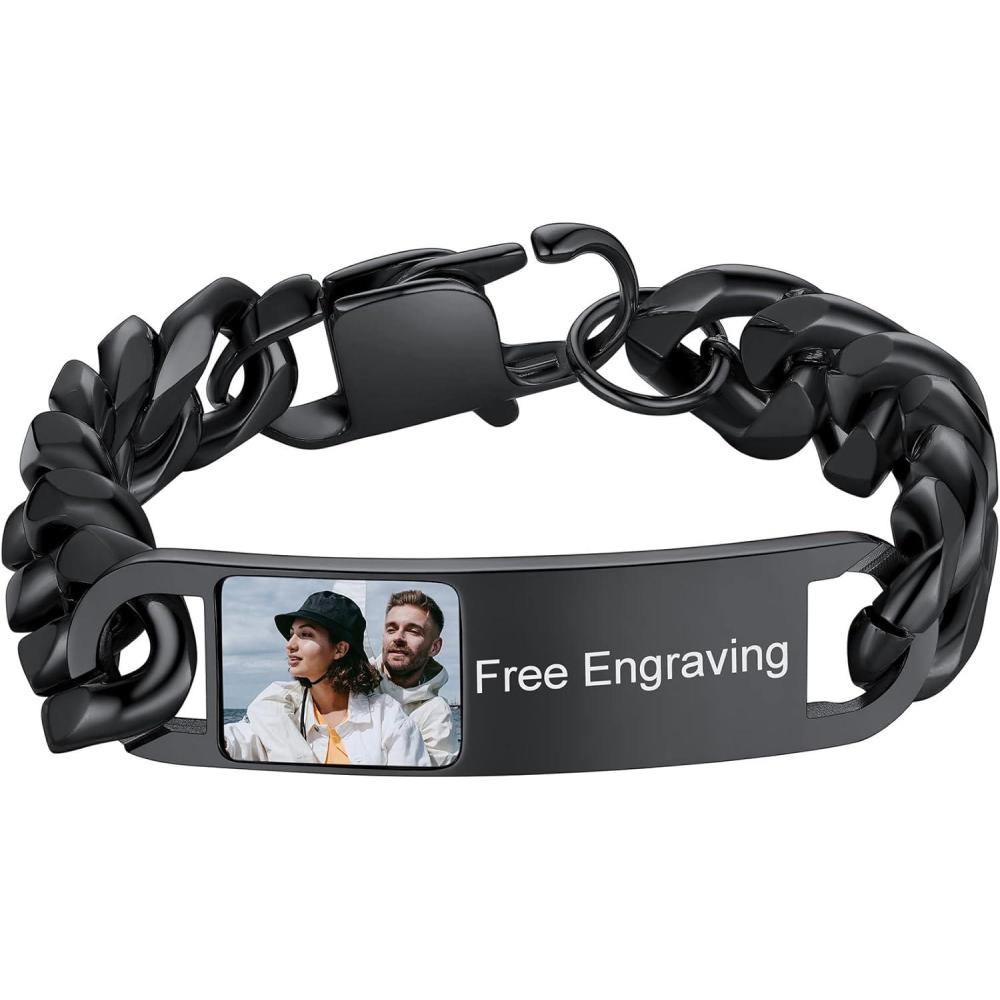 imageChainsHouse Personalized ID Bracelet for Men Women Stainless Steel Cuban Curb Link Chain Custom Engrave Bar Bracelet Bangle 7mm Width 1921CM Send Gift BoxB Black15MMPhoto