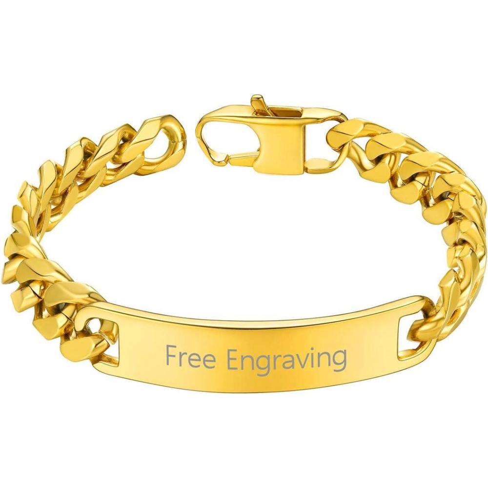 imageChainsHouse Personalized ID Bracelet for Men Women Stainless Steel Cuban Curb Link Chain Custom Engrave Bar Bracelet Bangle 7mm Width 1921CM Send Gift BoxC Gold10MM
