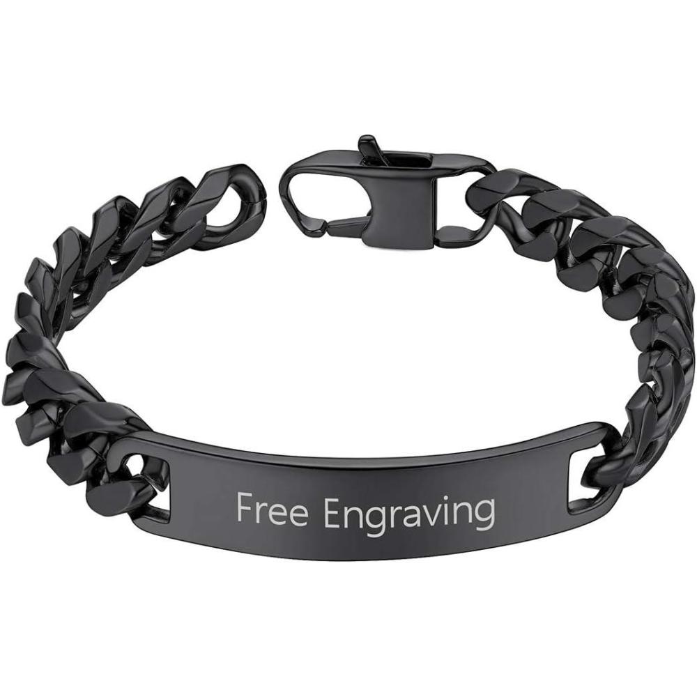 imageChainsHouse Personalized ID Bracelet for Men Women Stainless Steel Cuban Curb Link Chain Custom Engrave Bar Bracelet Bangle 7mm Width 1921CM Send Gift BoxB Black10MM