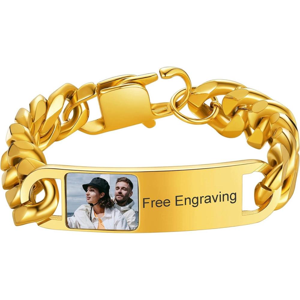 imageChainsHouse Personalized ID Bracelet for Men Women Stainless Steel Cuban Curb Link Chain Custom Engrave Bar Bracelet Bangle 7mm Width 1921CM Send Gift BoxC Gold15MMPhoto