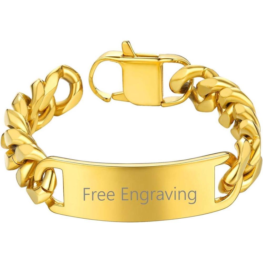 imageChainsHouse Personalized ID Bracelet for Men Women Stainless Steel Cuban Curb Link Chain Custom Engrave Bar Bracelet Bangle 7mm Width 1921CM Send Gift BoxC Gold15MM