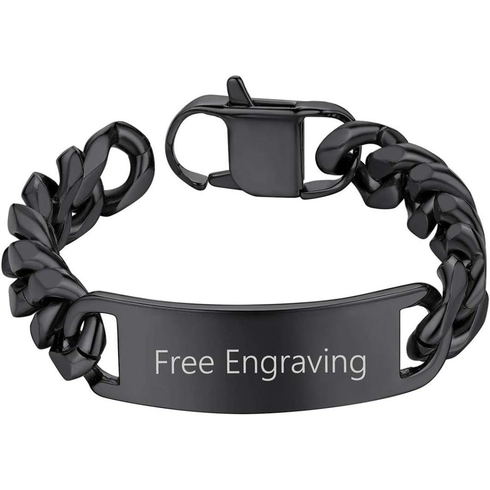 imageChainsHouse Personalized ID Bracelet for Men Women Stainless Steel Cuban Curb Link Chain Custom Engrave Bar Bracelet Bangle 7mm Width 1921CM Send Gift BoxB Black15MM