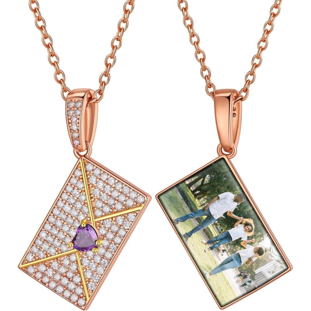 imageChainsHouse Personalized Locket Necklace Custom Envelope Necklaces with Photo Message Engraved for Women Stainless SteelBlackGoldRose Gold Plated Memorial Gift for Wife with Gift BoxD Photo BirthstoneRose Gold