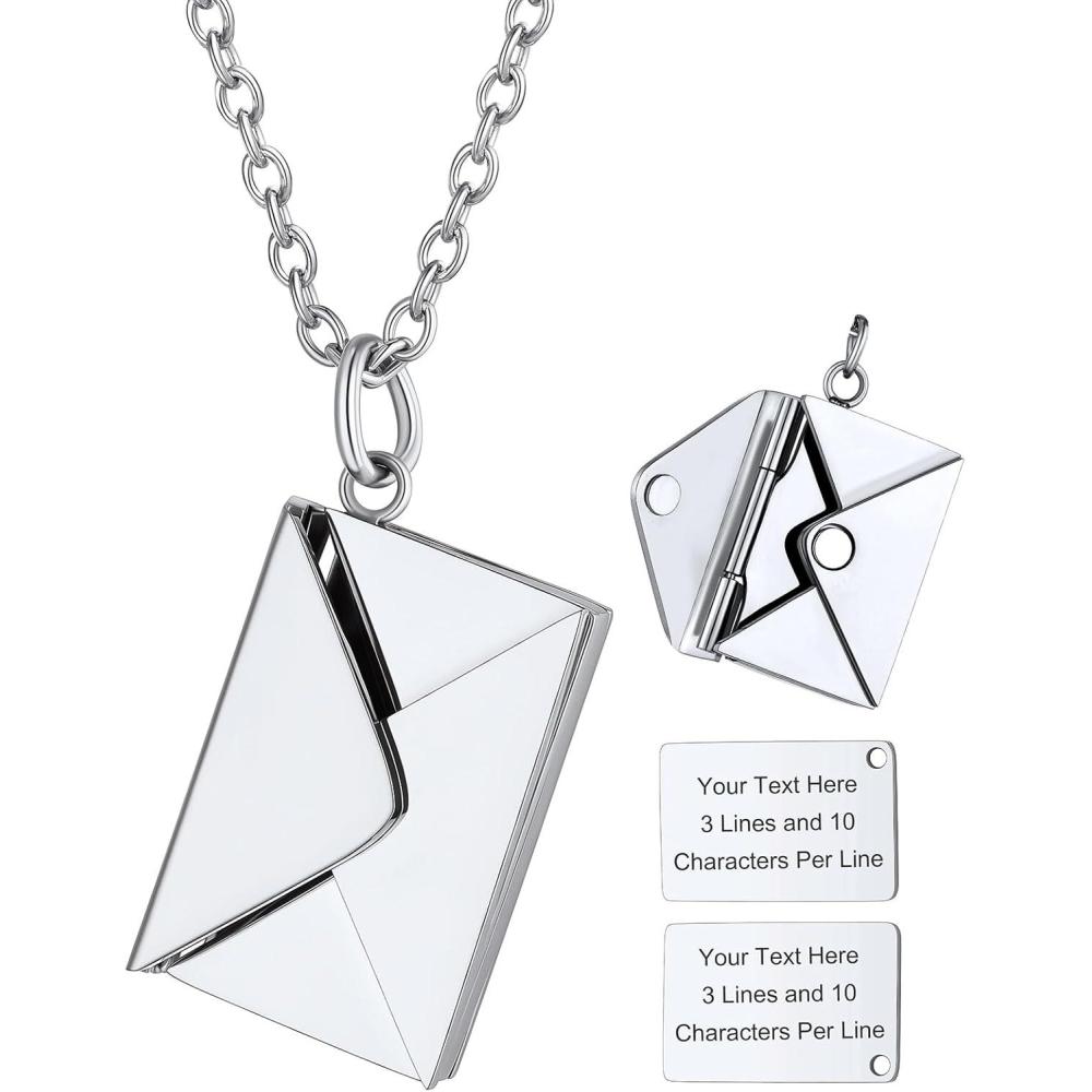 imageChainsHouse Personalized Locket Necklace Custom Envelope Necklaces with Photo Message Engraved for Women Stainless SteelBlackGoldRose Gold Plated Memorial Gift for Wife with Gift BoxC  Engraved LocketSilver