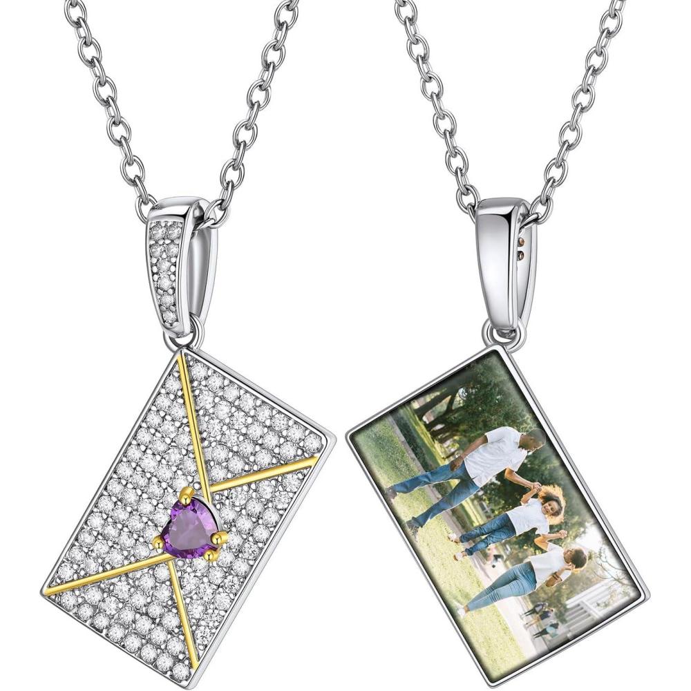 imageChainsHouse Personalized Locket Necklace Custom Envelope Necklaces with Photo Message Engraved for Women Stainless SteelBlackGoldRose Gold Plated Memorial Gift for Wife with Gift BoxD Photo BirthstoneSilver