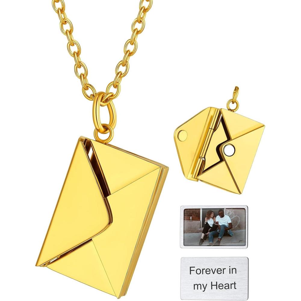 imageChainsHouse Personalized Locket Necklace Custom Envelope Necklaces with Photo Message Engraved for Women Stainless SteelBlackGoldRose Gold Plated Memorial Gift for Wife with Gift BoxA  Engraved  Photo LocketGold