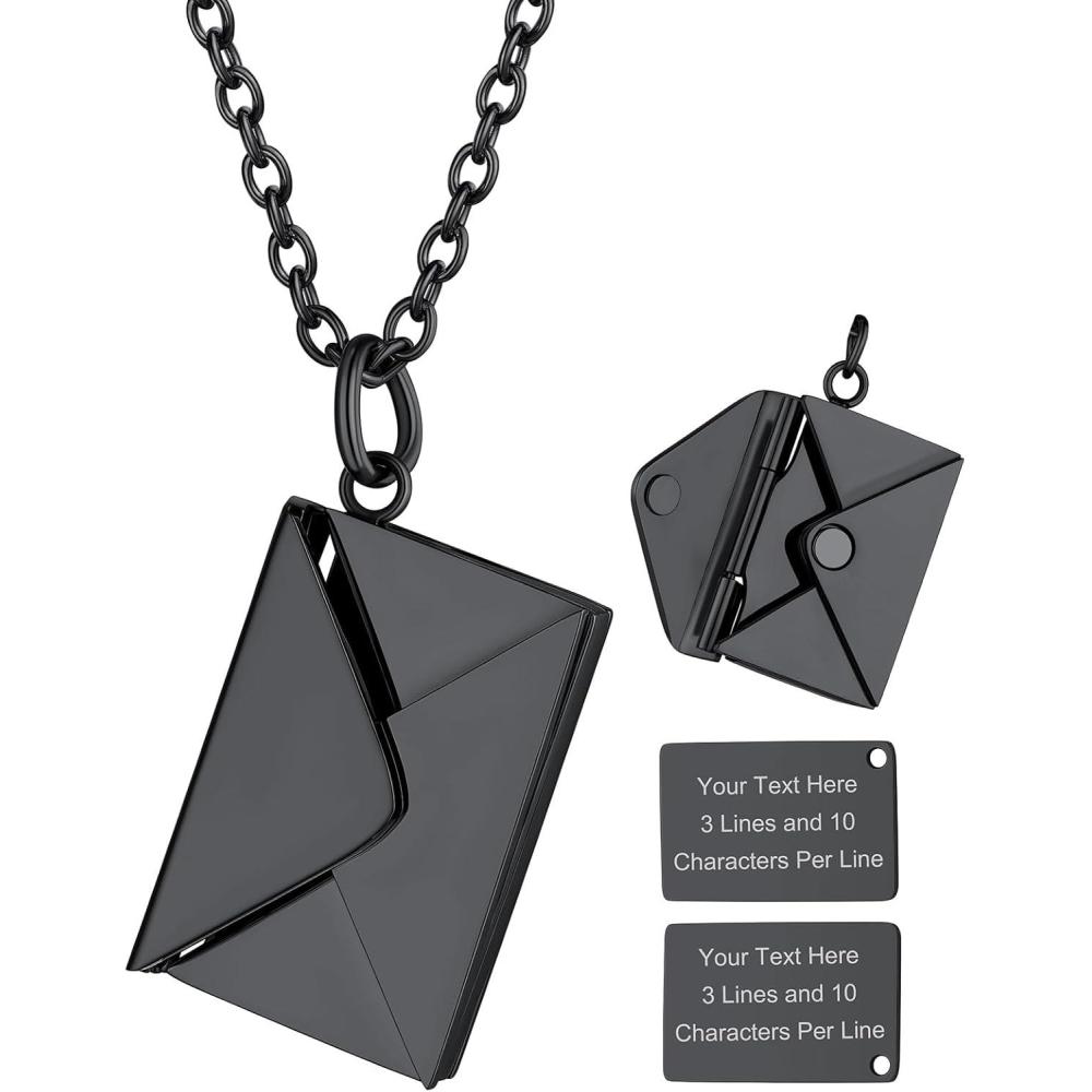 imageChainsHouse Personalized Locket Necklace Custom Envelope Necklaces with Photo Message Engraved for Women Stainless SteelBlackGoldRose Gold Plated Memorial Gift for Wife with Gift BoxC  Engraved LocketBlack