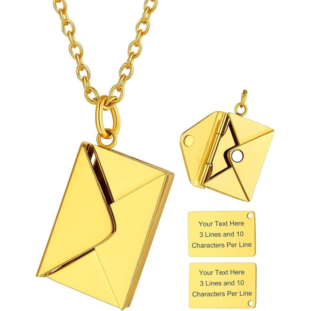 imageChainsHouse Personalized Locket Necklace Custom Envelope Necklaces with Photo Message Engraved for Women Stainless SteelBlackGoldRose Gold Plated Memorial Gift for Wife with Gift BoxC  Engraved LocketGold