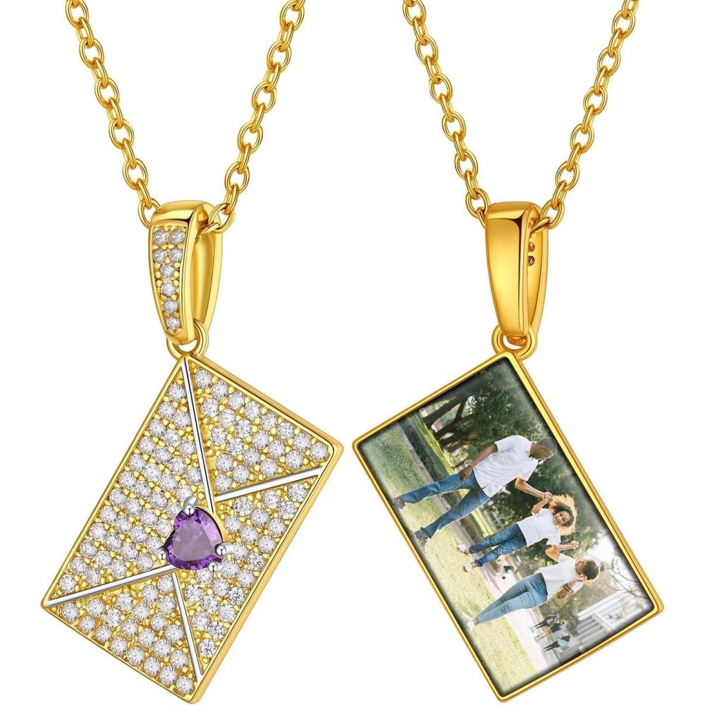 imageChainsHouse Personalized Locket Necklace Custom Envelope Necklaces with Photo Message Engraved for Women Stainless SteelBlackGoldRose Gold Plated Memorial Gift for Wife with Gift BoxD Photo BirthstoneGold