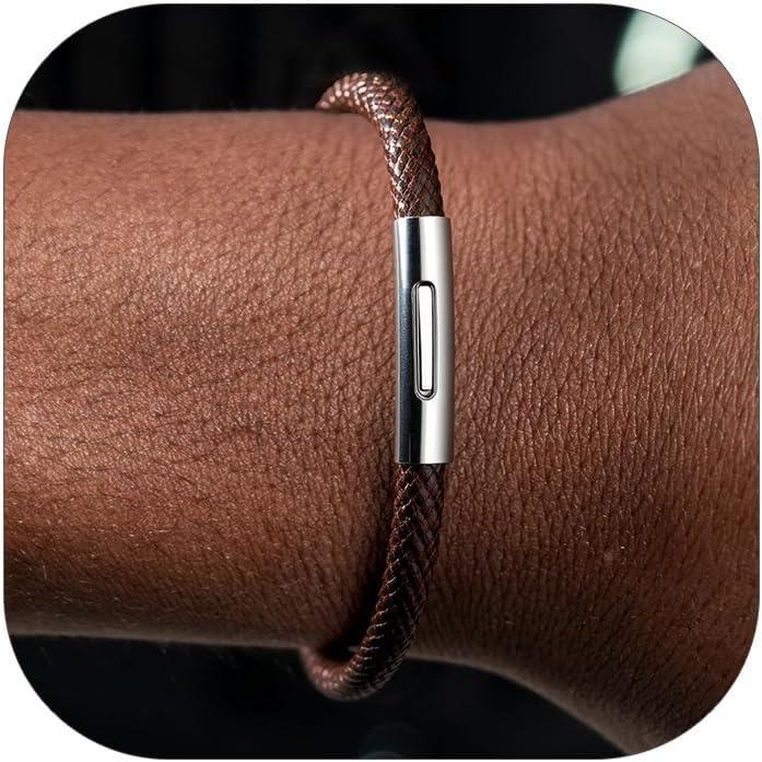 imageChainsHouse Personalized Mens Leather Wrist Cuff Bracelets with Custom Beads Waterproof Wax Rope Braided Cord Bracelet Engraved with Names for Men Women 787 inch Length Send Gift BoxA Brown